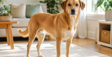 Calm dog displaying relaxed dog behavior and body language in a bright living room.