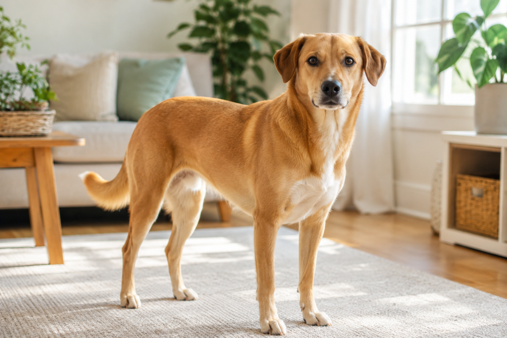 Calm dog displaying relaxed dog behavior and body language in a bright living room.