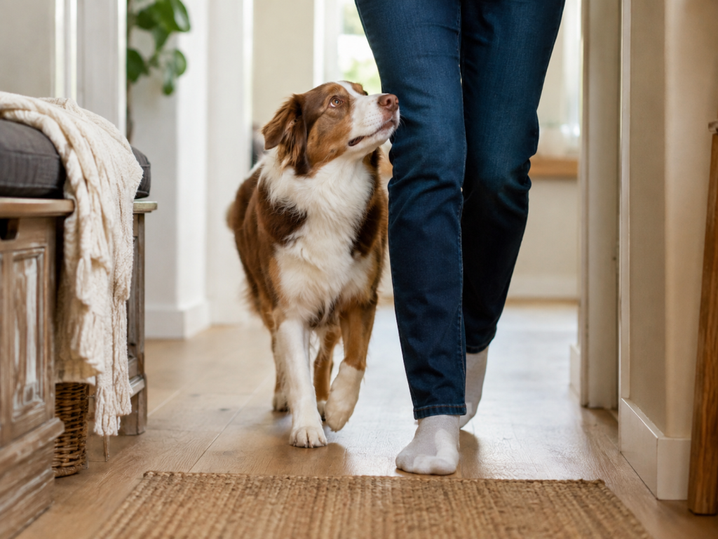 Dog following its owner closely through a home hallway, showing typical attachment behavior.