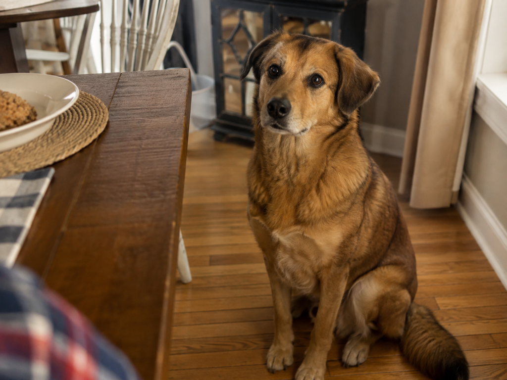 Dog staring at its owner while they eat at the dining table.