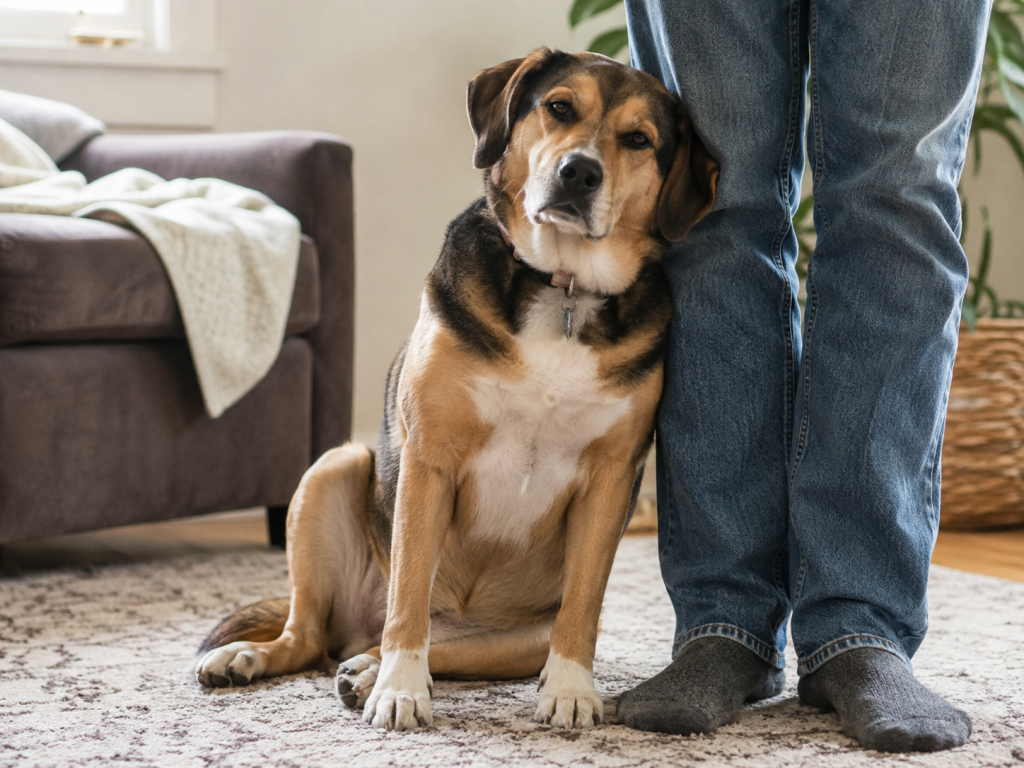 Dog leaning against its owner's leg as a sign of affection and trust.