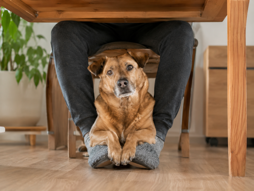 Dog sitting on its owner's feet as a sign of comfort and closeness.