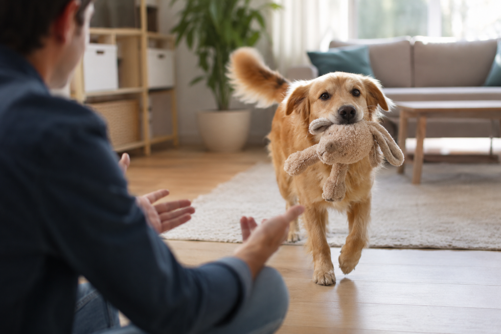 Dog bringing a toy to its owner as an invitation to play.