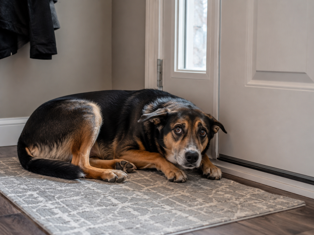 Dog showing signs of separation anxiety while waiting near the front door.
