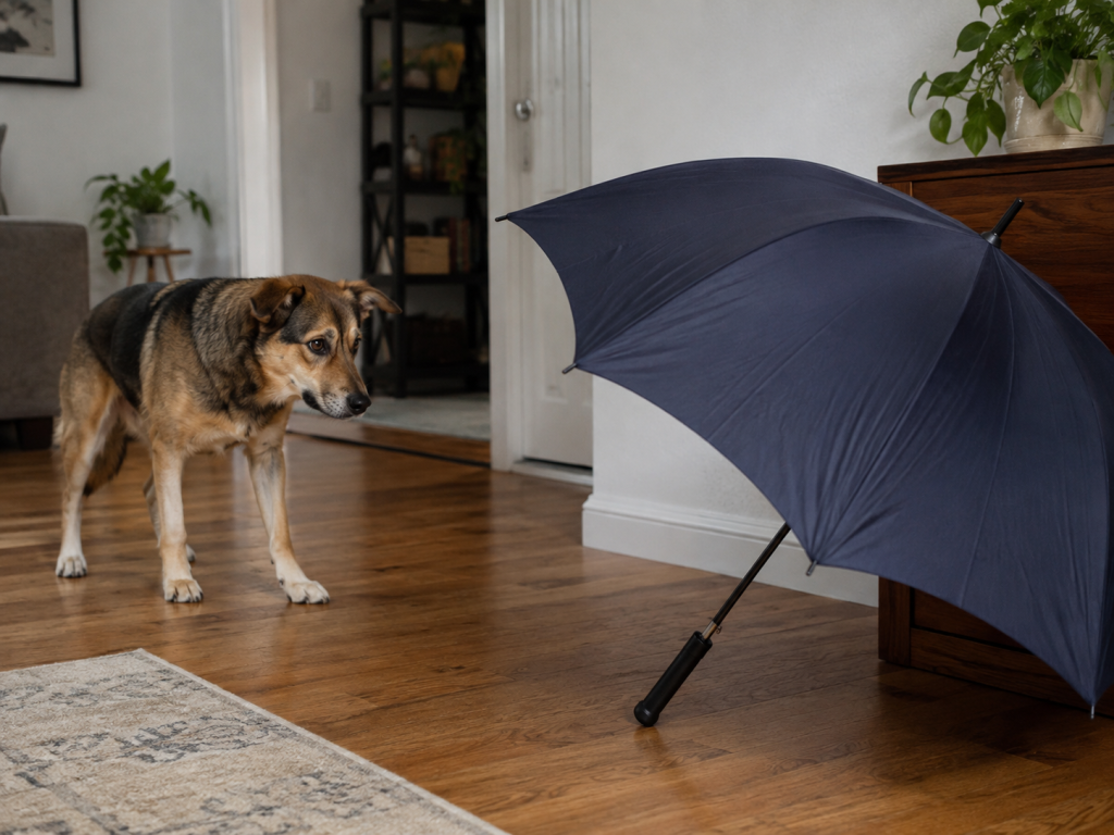 Dog showing sudden fear of an everyday household object.
