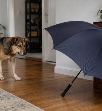 Dog showing sudden fear of an everyday household object.