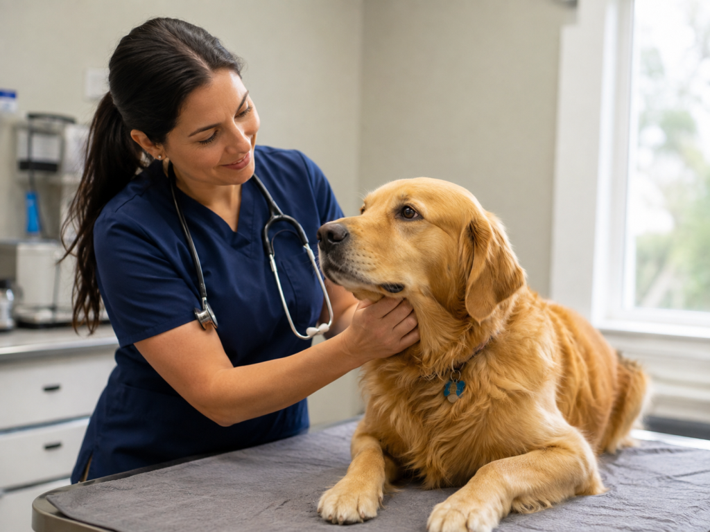 Veterinarian performing a wellness exam on a dog as part of preventive health care.