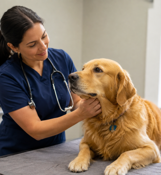 Veterinarian performing a wellness exam on a dog as part of preventive health care.