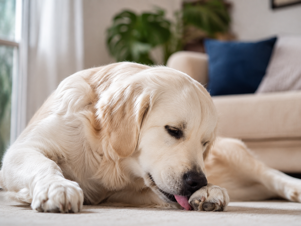 Dog licking its paw, a behavior with several possible causes.
