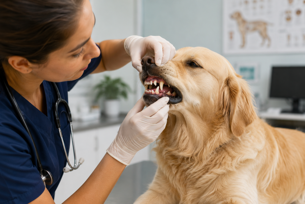 Veterinarian checking a dog's mouth to identify the cause of bad breath.