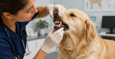 Veterinarian checking a dog's mouth to identify the cause of bad breath.