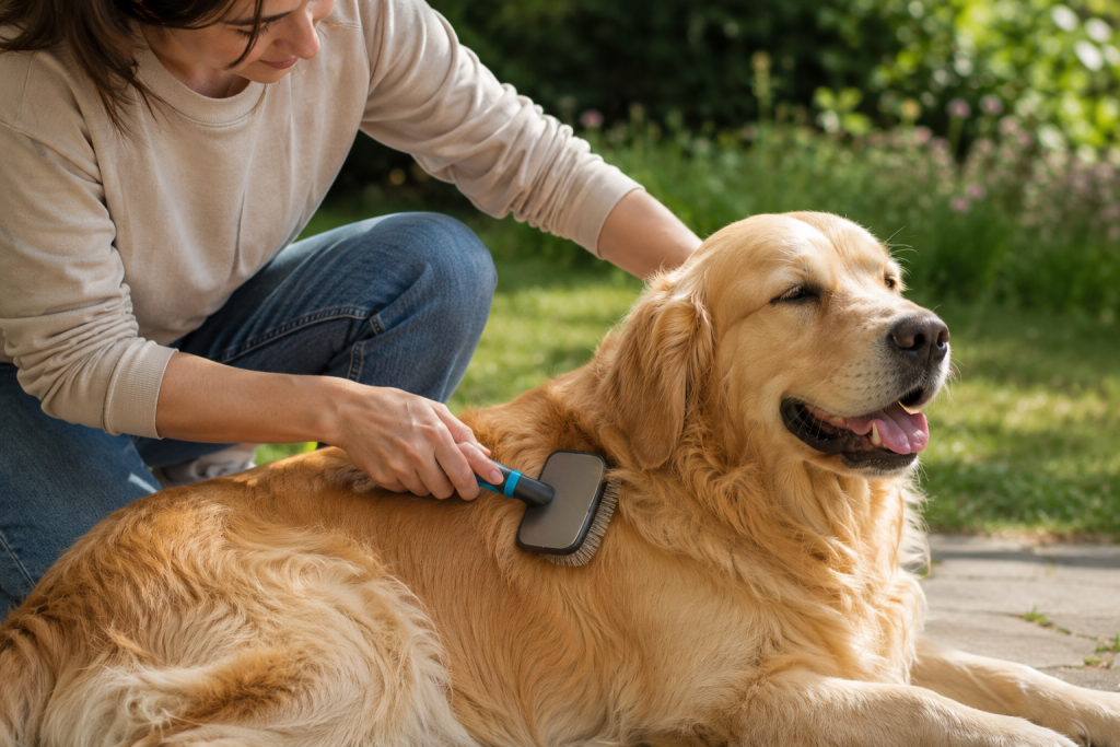Brushing a dog's coat as part of a regular grooming routine.