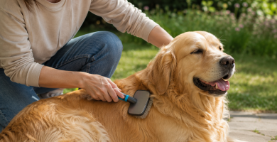 Brushing a dog's coat as part of a regular grooming routine.