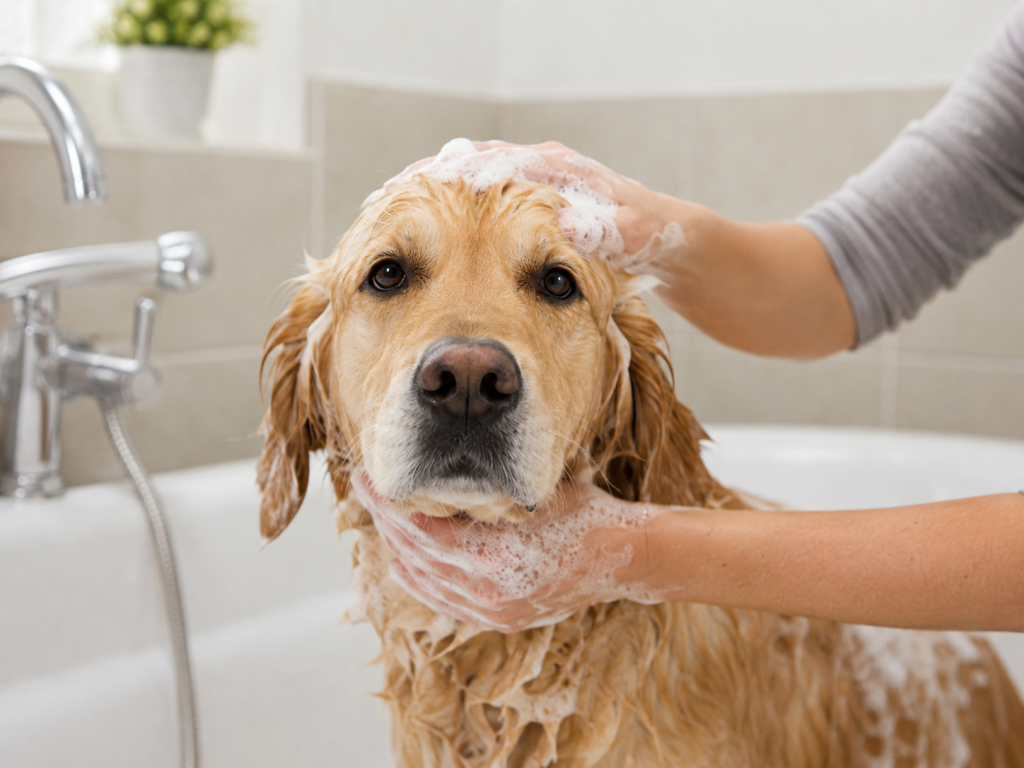 Dog being bathed as part of a regular grooming routine.
