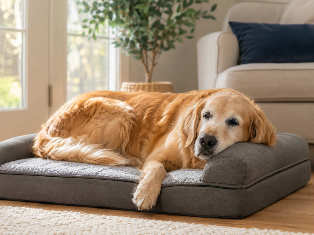 Senior dog resting comfortably on a supportive orthopedic bed at home.