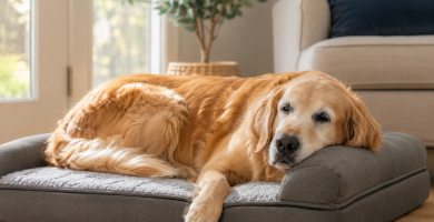 Senior dog resting comfortably on a supportive orthopedic bed at home.