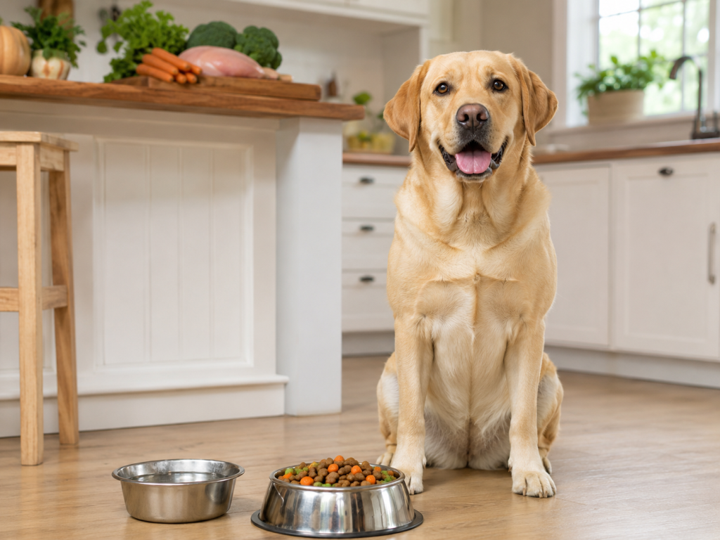 Healthy adult dog sitting beside a balanced meal and fresh drinking water.