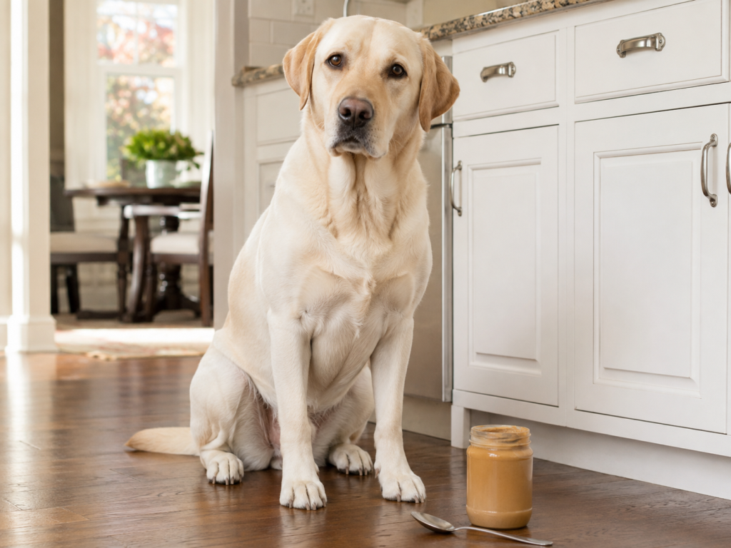 Dog sitting beside a small amount of plain peanut butter without xylitol.