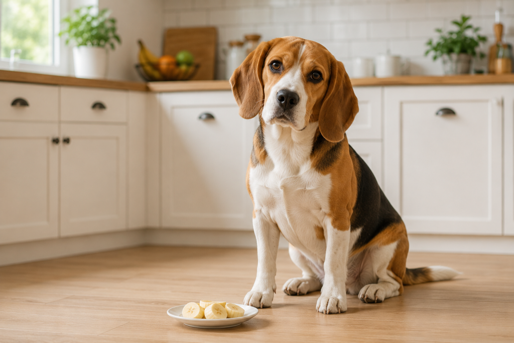 Dog sitting beside a few small slices of peeled banana.