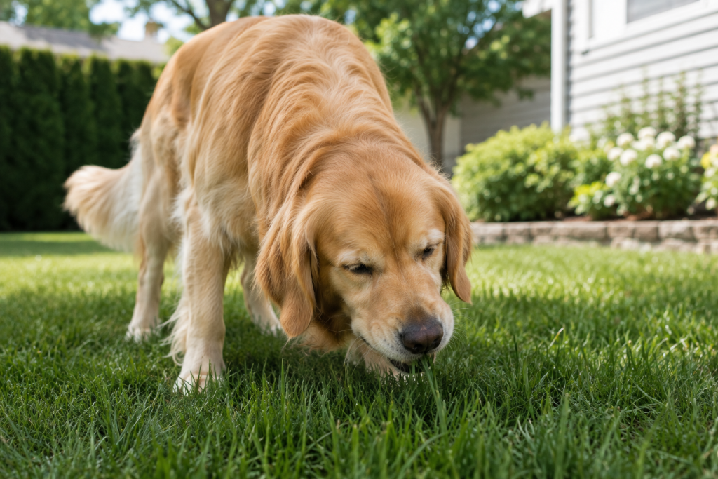 Healthy dog calmly eating a small amount of fresh grass outdoors.