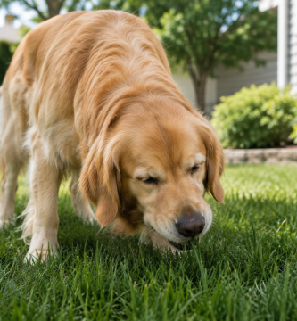 Healthy dog calmly eating a small amount of fresh grass outdoors.