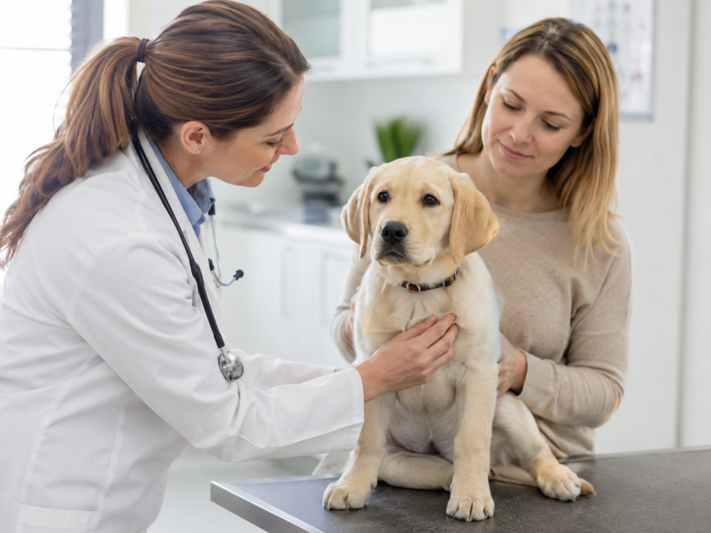 Young puppy receiving a gentle veterinary health examination during its first year.