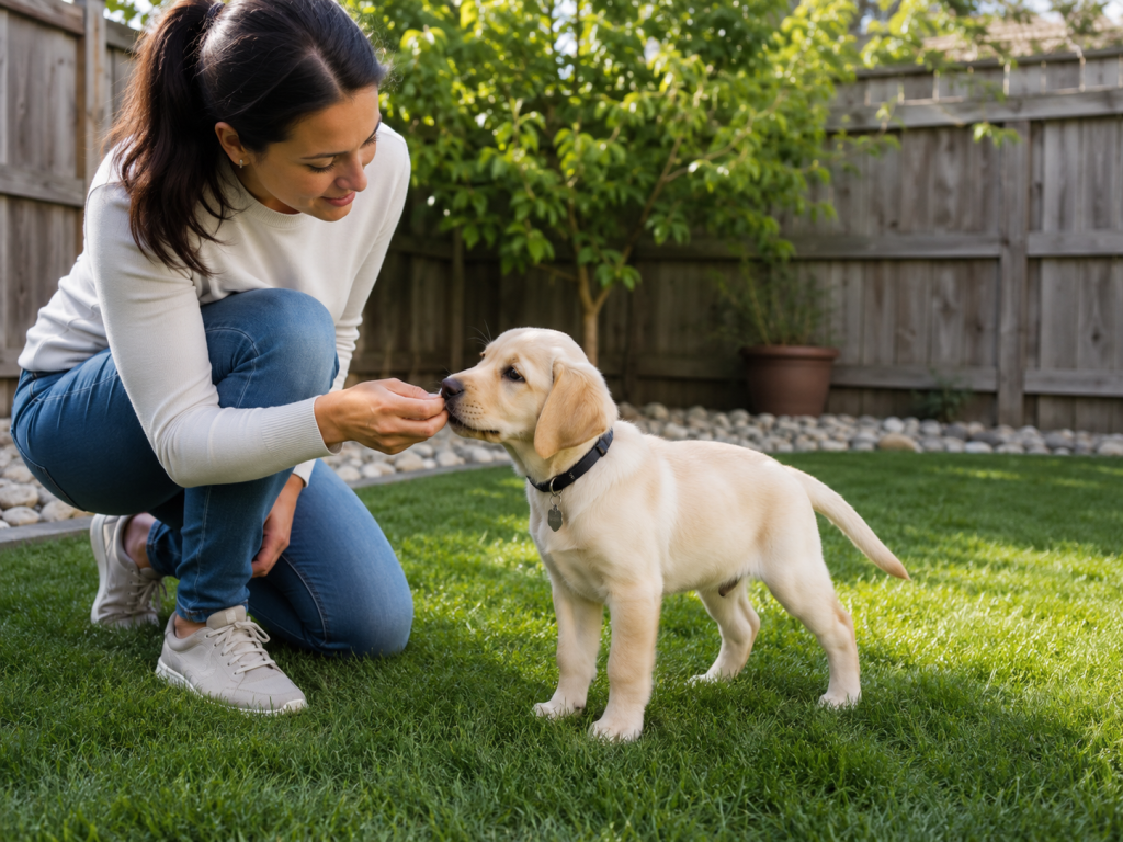 Puppy receiving a reward after successfully going potty outside.