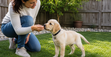 Puppy receiving a reward after successfully going potty outside.