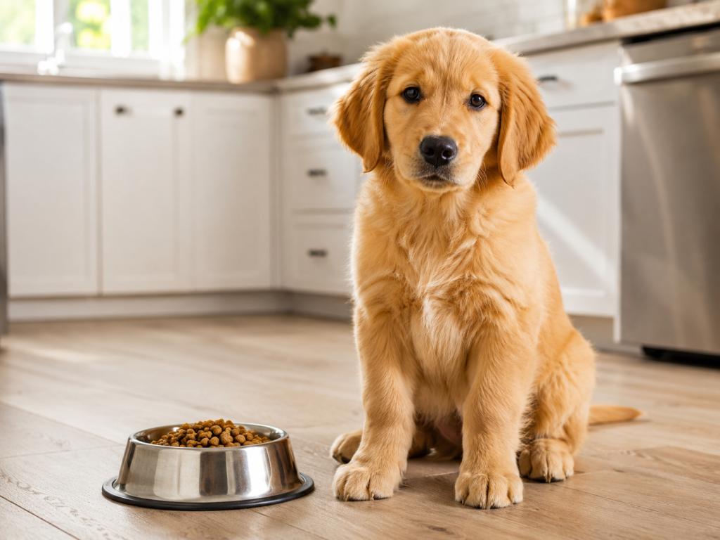 Young puppy sitting beside a measured portion of puppy food.