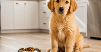 Young puppy sitting beside a measured portion of puppy food.