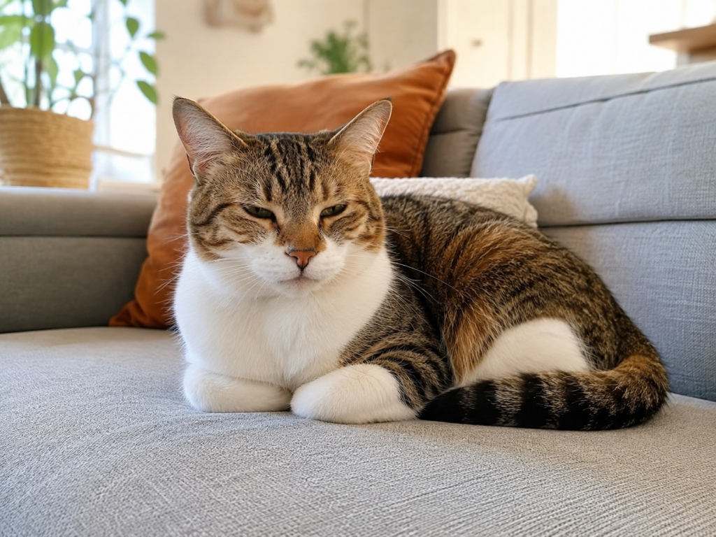 Relaxed cat showing calm body language with soft eyes and neutral ears.