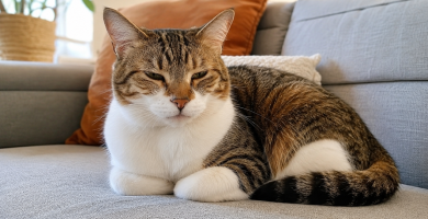 Relaxed cat showing calm body language with soft eyes and neutral ears.