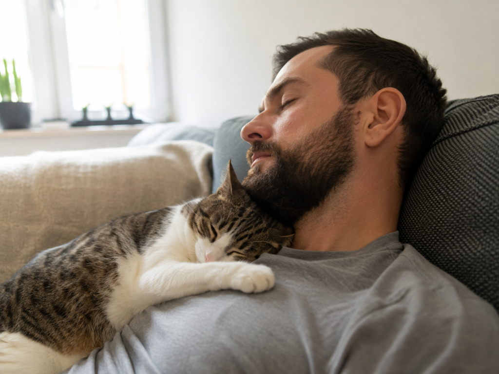 Relaxed cat sleeping comfortably on its owner's chest.