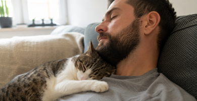 Relaxed cat sleeping comfortably on its owner's chest.