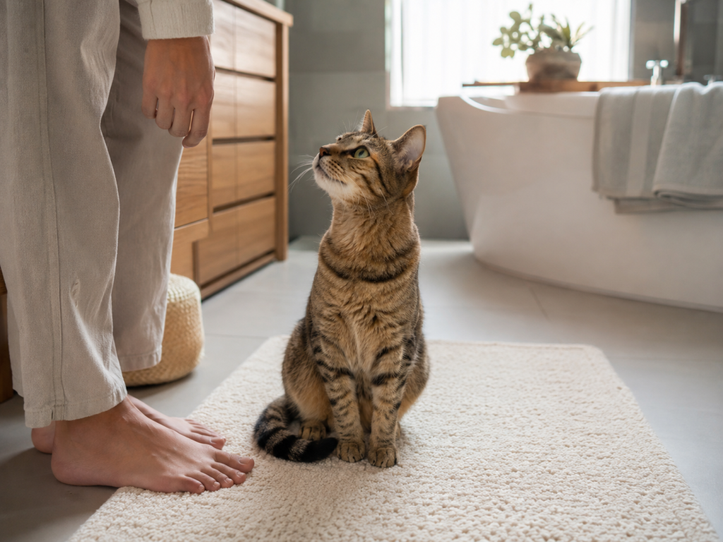 Curious cat calmly following its owner into a bathroom.