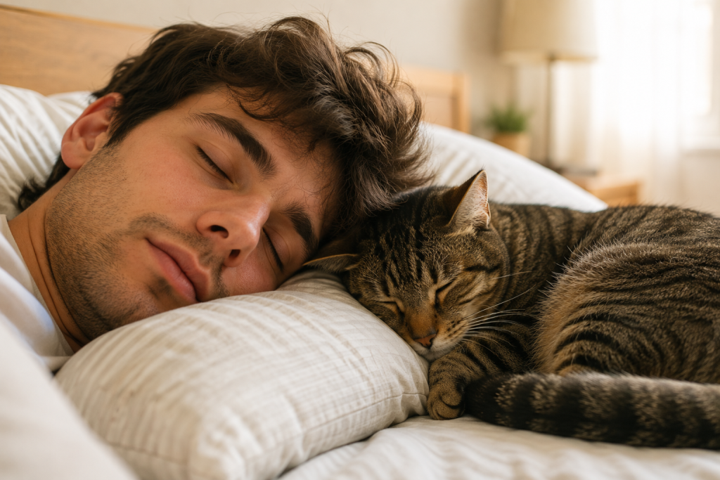 Relaxed cat sleeping peacefully beside its owner's head on a pillow.