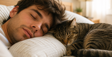 Relaxed cat sleeping peacefully beside its owner's head on a pillow.