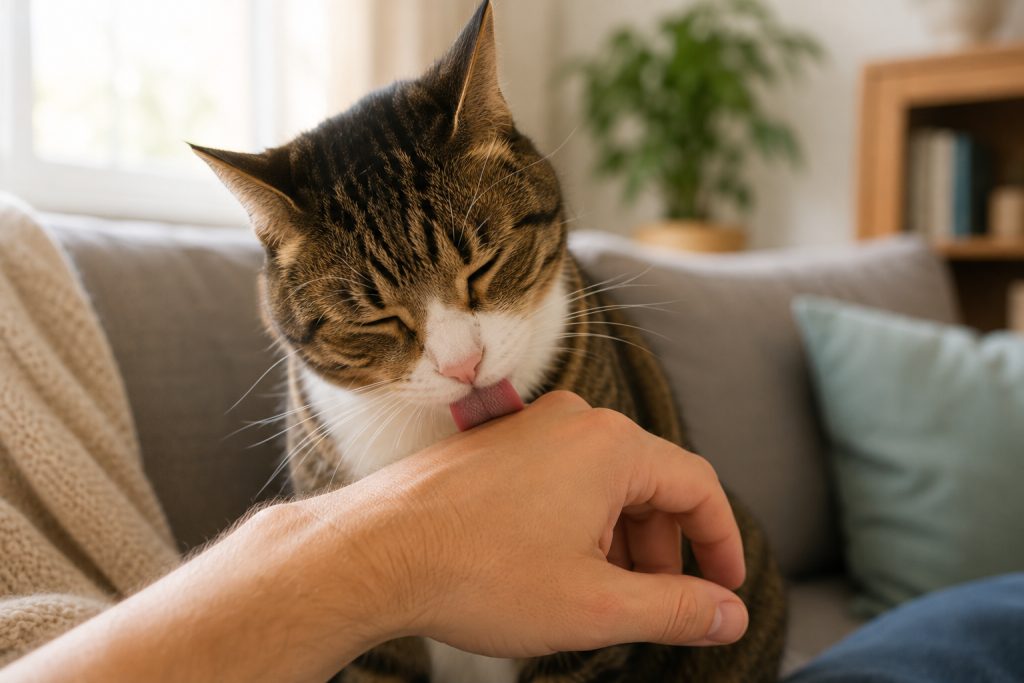 Relaxed cat gently licking its owner's hand after playful interaction.