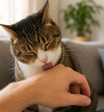 Relaxed cat gently licking its owner's hand after playful interaction.