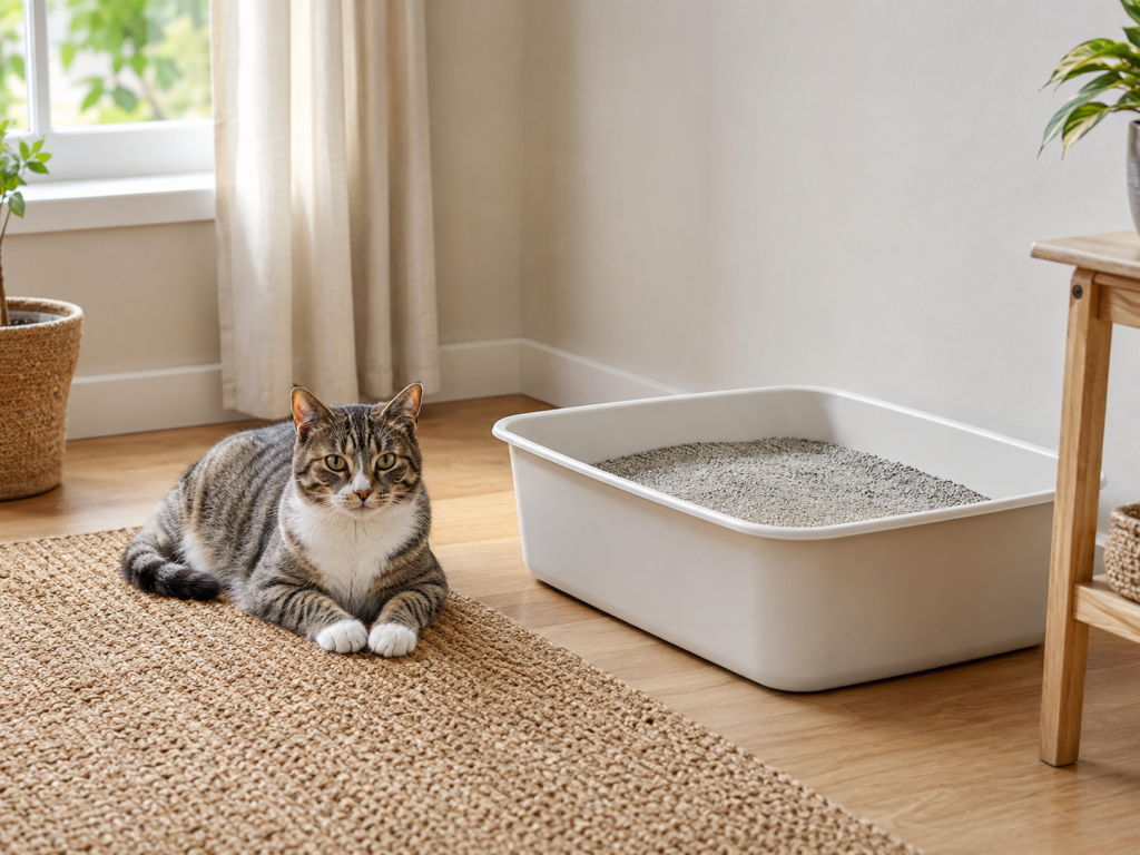 Cat beside a large clean litter box in a quiet and accessible location.