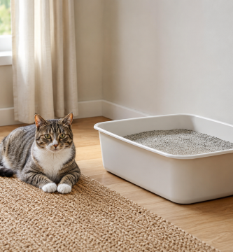 Cat beside a large clean litter box in a quiet and accessible location.
