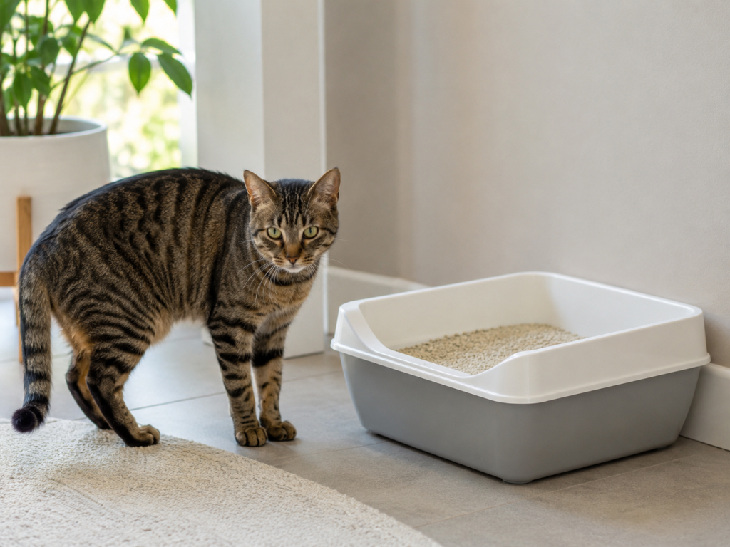 Cat hesitating beside a clean litter box after suddenly avoiding it.
