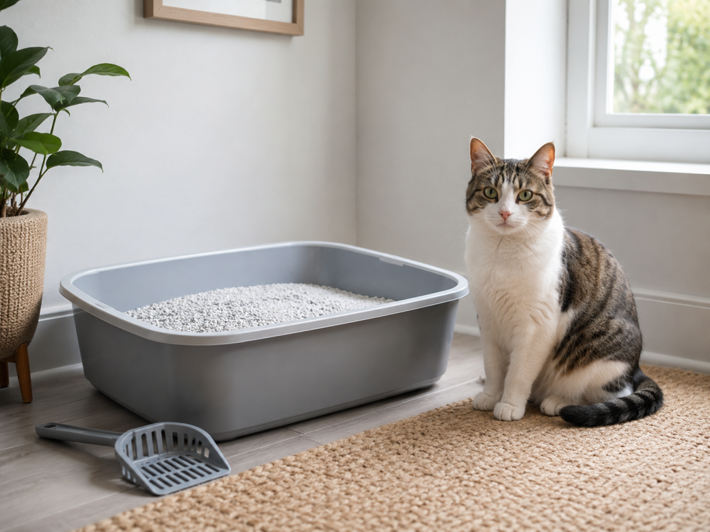 Clean cat litter box with fresh litter and a scoop beside it.
