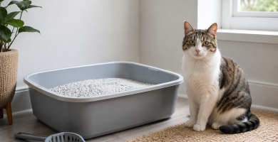 Clean cat litter box with fresh litter and a scoop beside it.