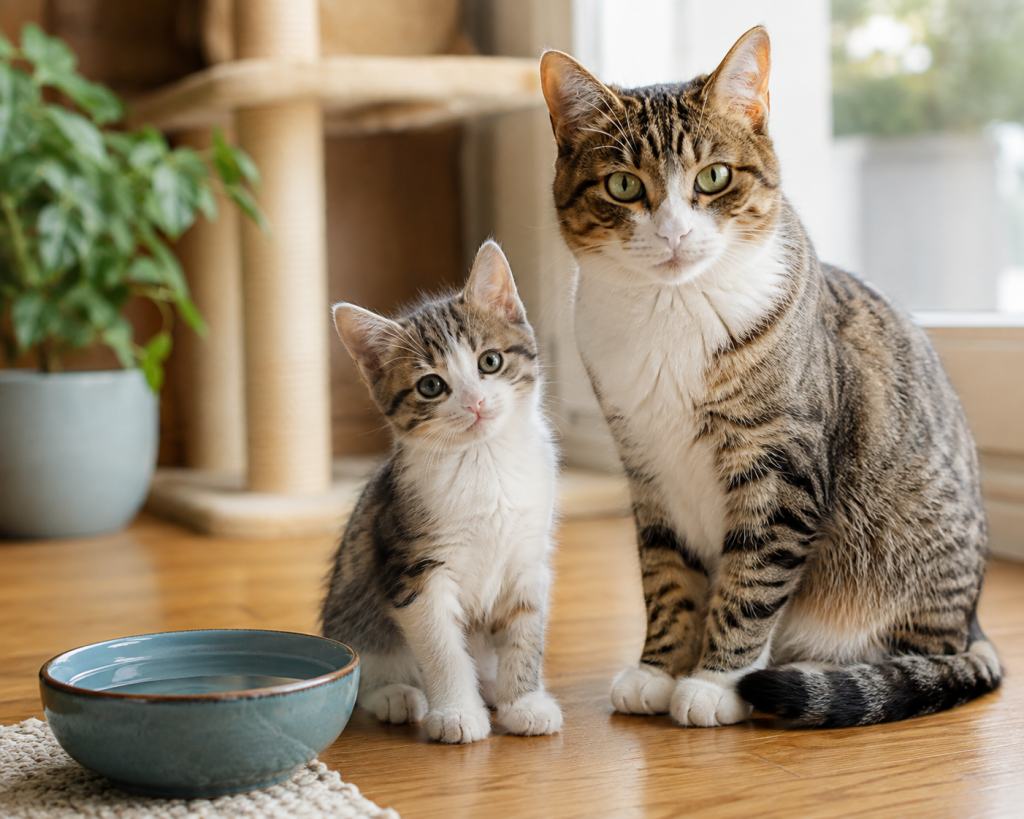 Healthy kitten and adult cat resting comfortably in a clean home environment.
