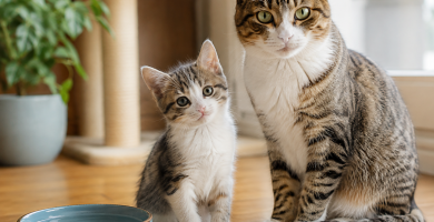 Healthy kitten and adult cat resting comfortably in a clean home environment.