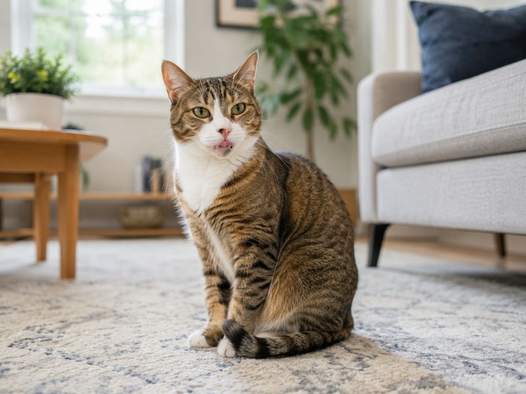Healthy cat sitting calmly after an occasional sneeze.