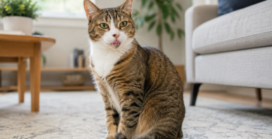 Healthy cat sitting calmly after an occasional sneeze.