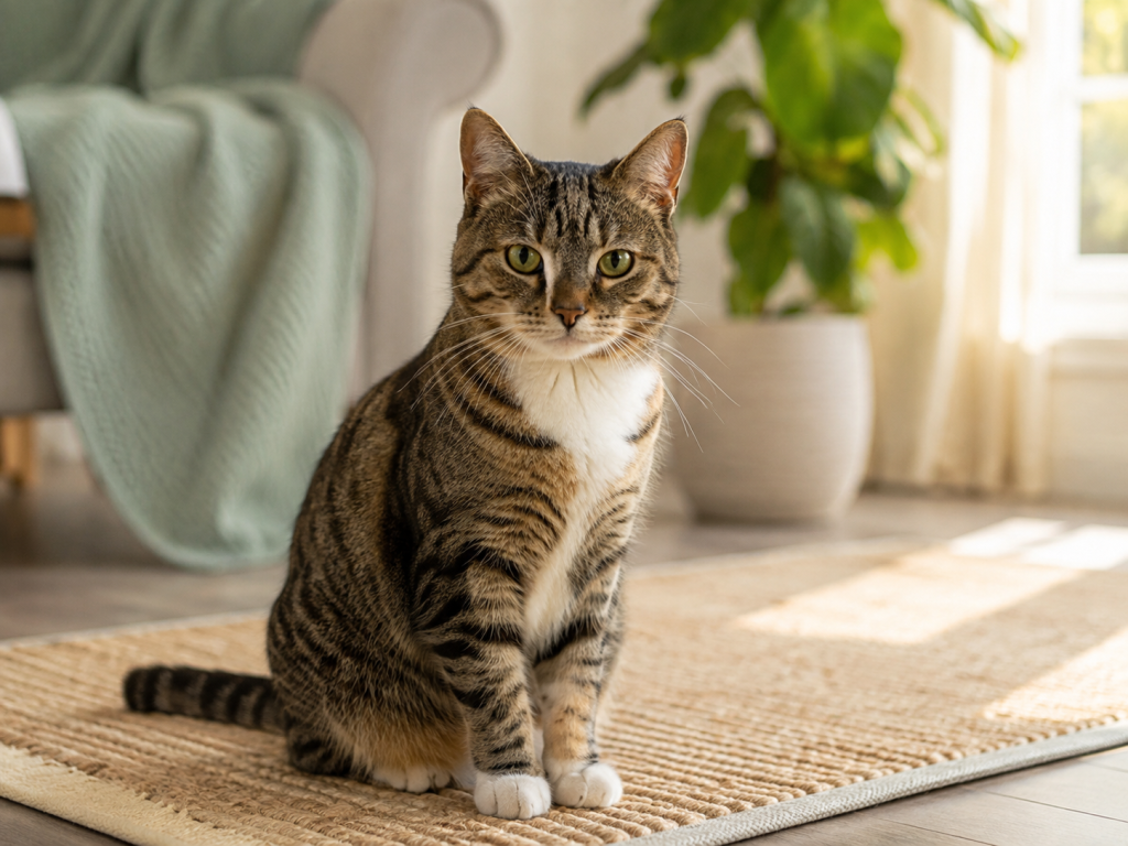Healthy cat with long natural facial whiskers and a clean coat.