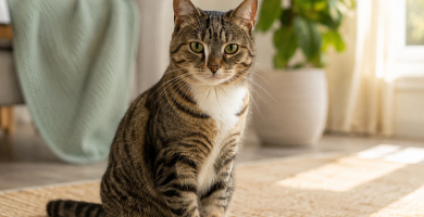 Healthy cat with long natural facial whiskers and a clean coat.